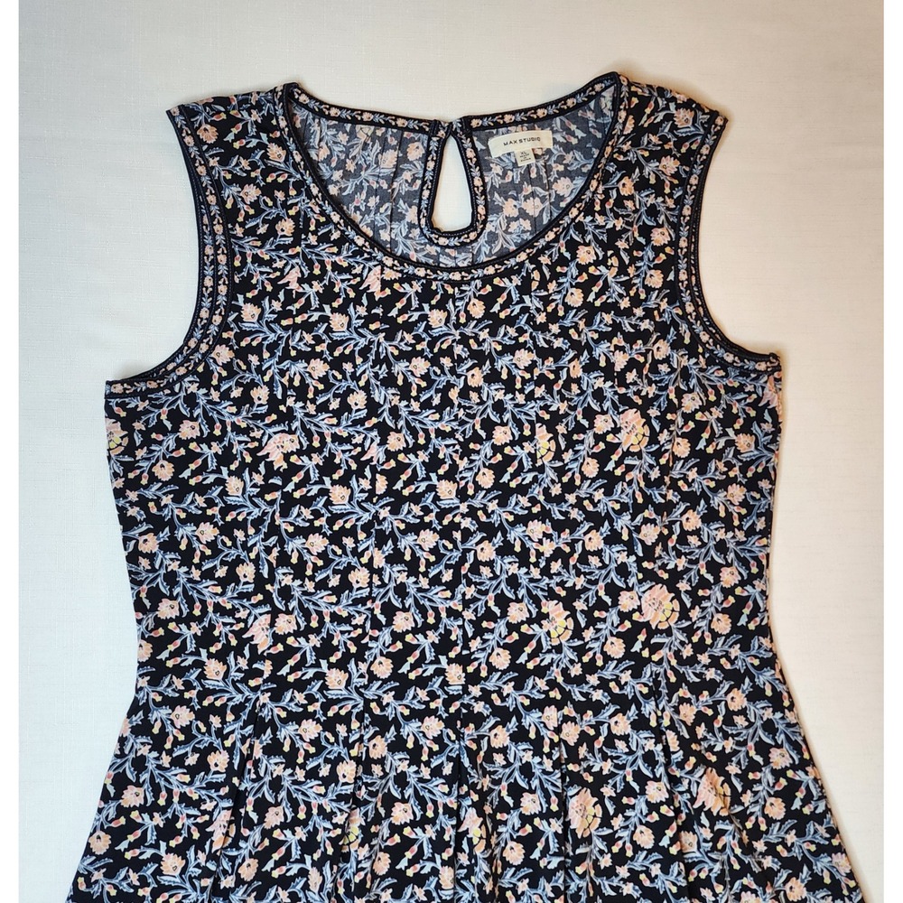 Max Studio Navy Floral Midi Dress with Pink and Light Blue Accents - Picture 2 of 10